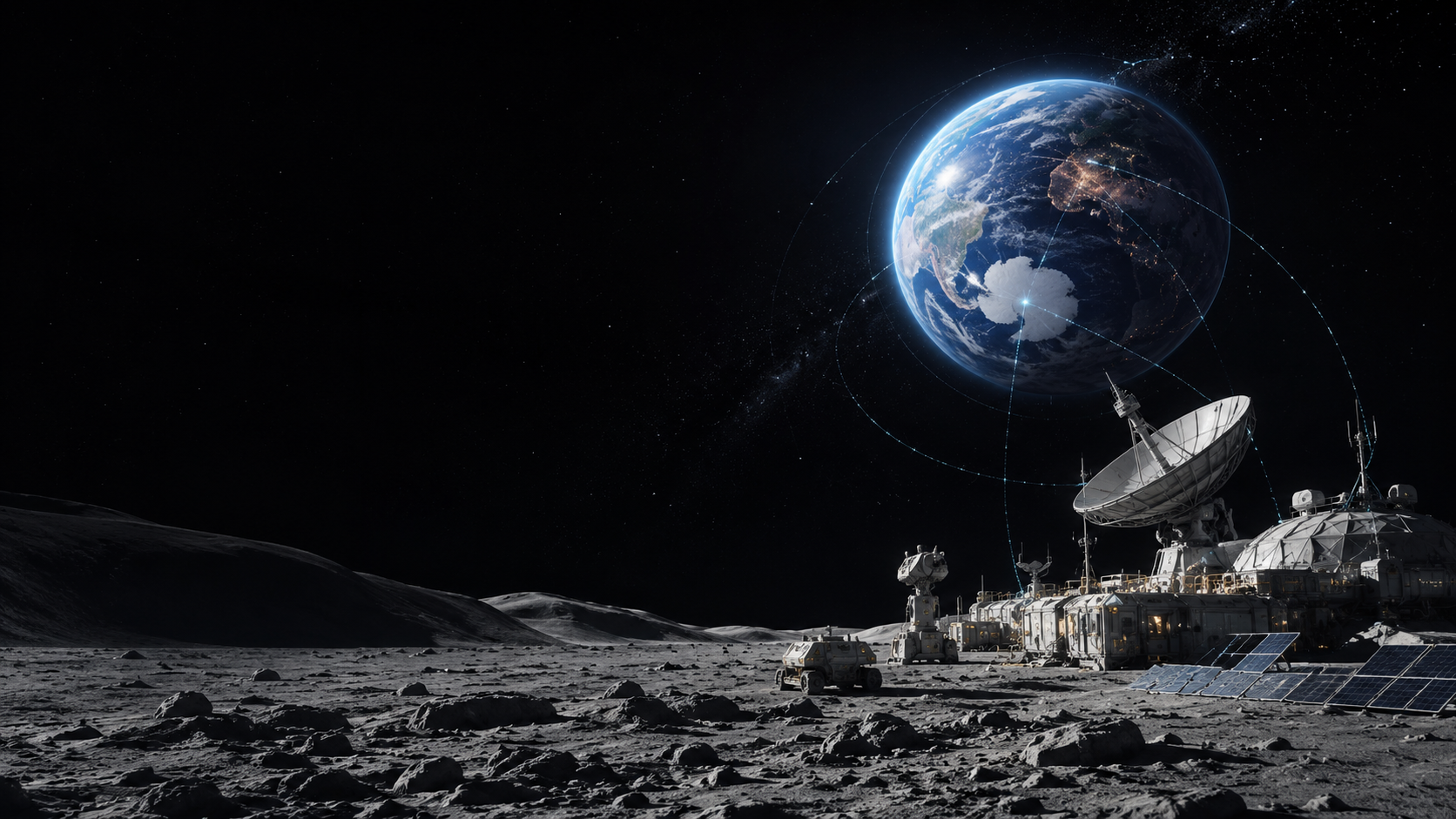 Earth linked by communications arcs above a lunar machine outpost